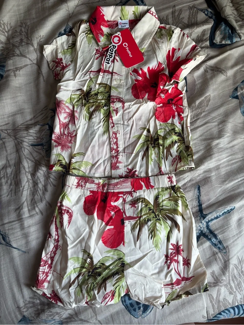 PatPat Toddlers Red Floral Button-Front Short Sleeve Top 3-4T